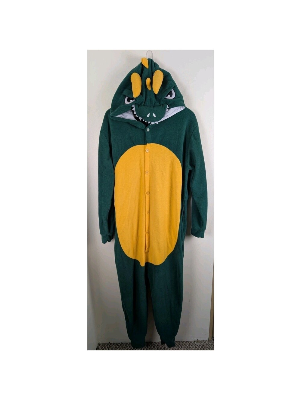 Dragon Costume Adult Fleece One Piece Hooded Suit Green Yellow Hood Halloween